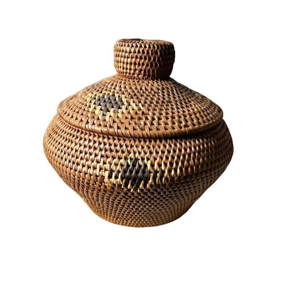 Vintage Hand Woven basket with lid 6 X 7 - Picture 1 of 8